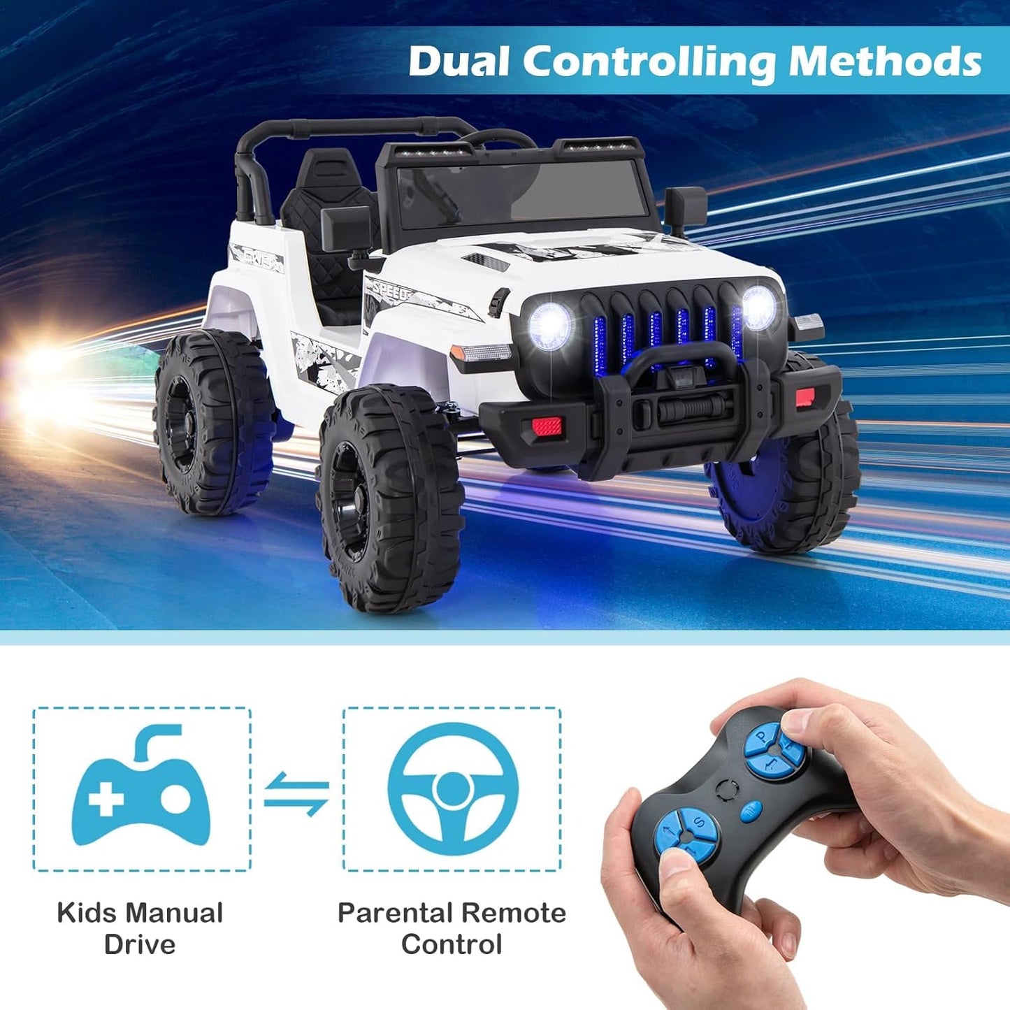 INFANS Kids Ride on Car Truck with 2.4G Remote Control, 12V Battery Powered Electric Cars for Kids w/3 Speeds, Battery Display, LED Lights, Safety Belt, Music & Horn, Bluetooth/FM/USB (White)