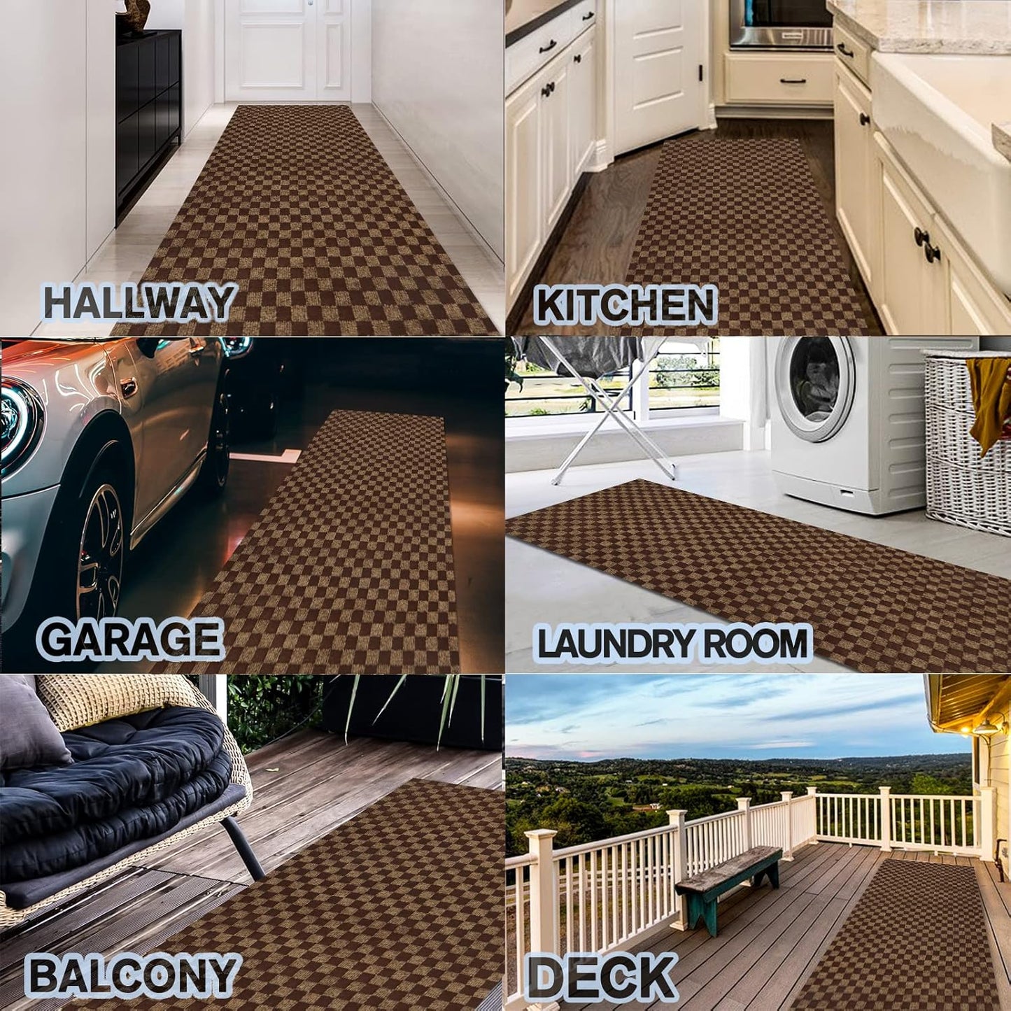 Custom Size Backed Non-Slip Area Rugs Runner, Easy Clean, Waterproof Runner Rugs for Hallway Entryway, Kitchen, Laundry, 2FT x 67FT, Brown Checkered