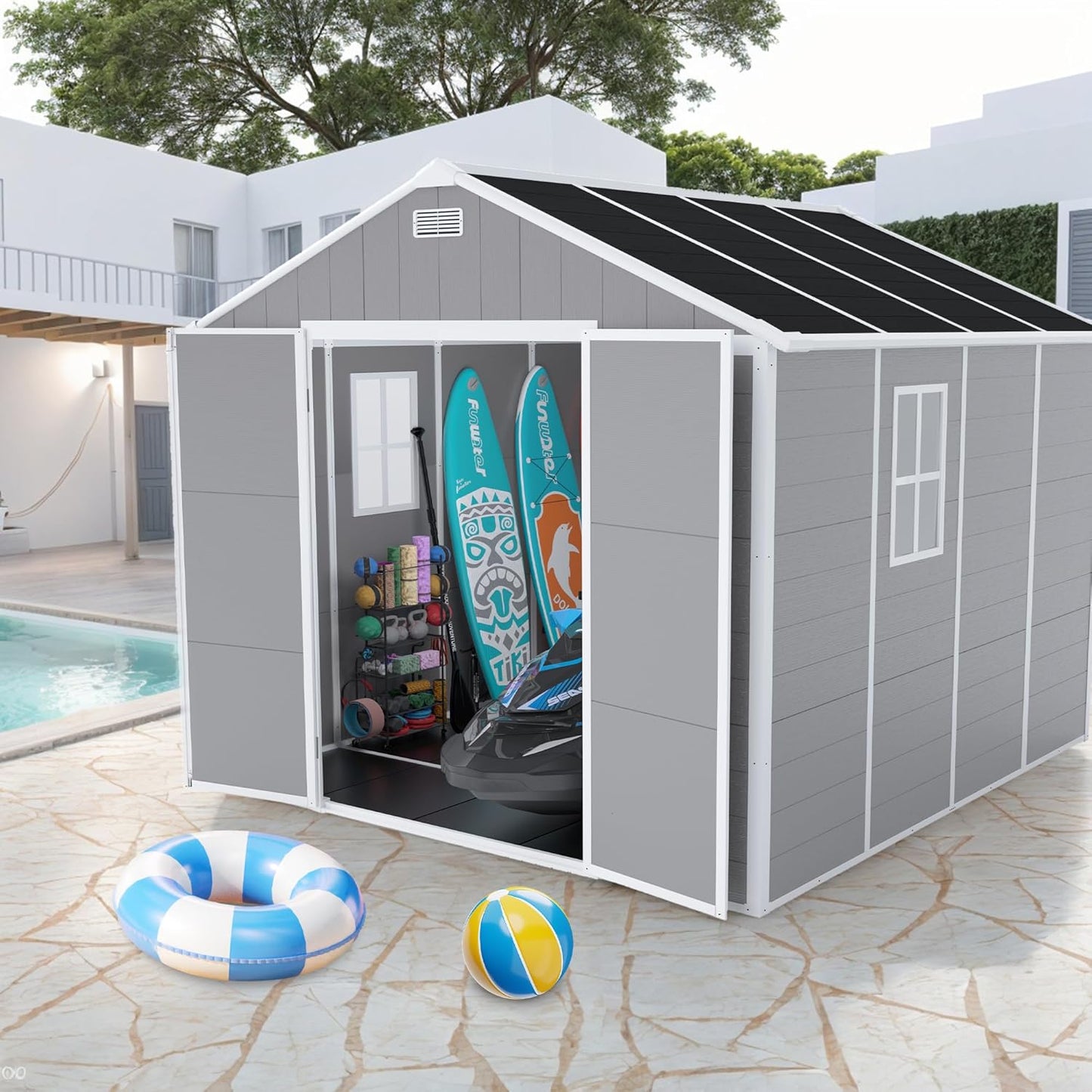 8x8 FT Outdoor Storage Resin Shed with Floor,Waterproof Plastic Garden Bike Shed with Lockable Door, Sloped Roof, Vents & Windows, Easy Assembly Tool Shed for Lawn, Backyard, Patio, Grey