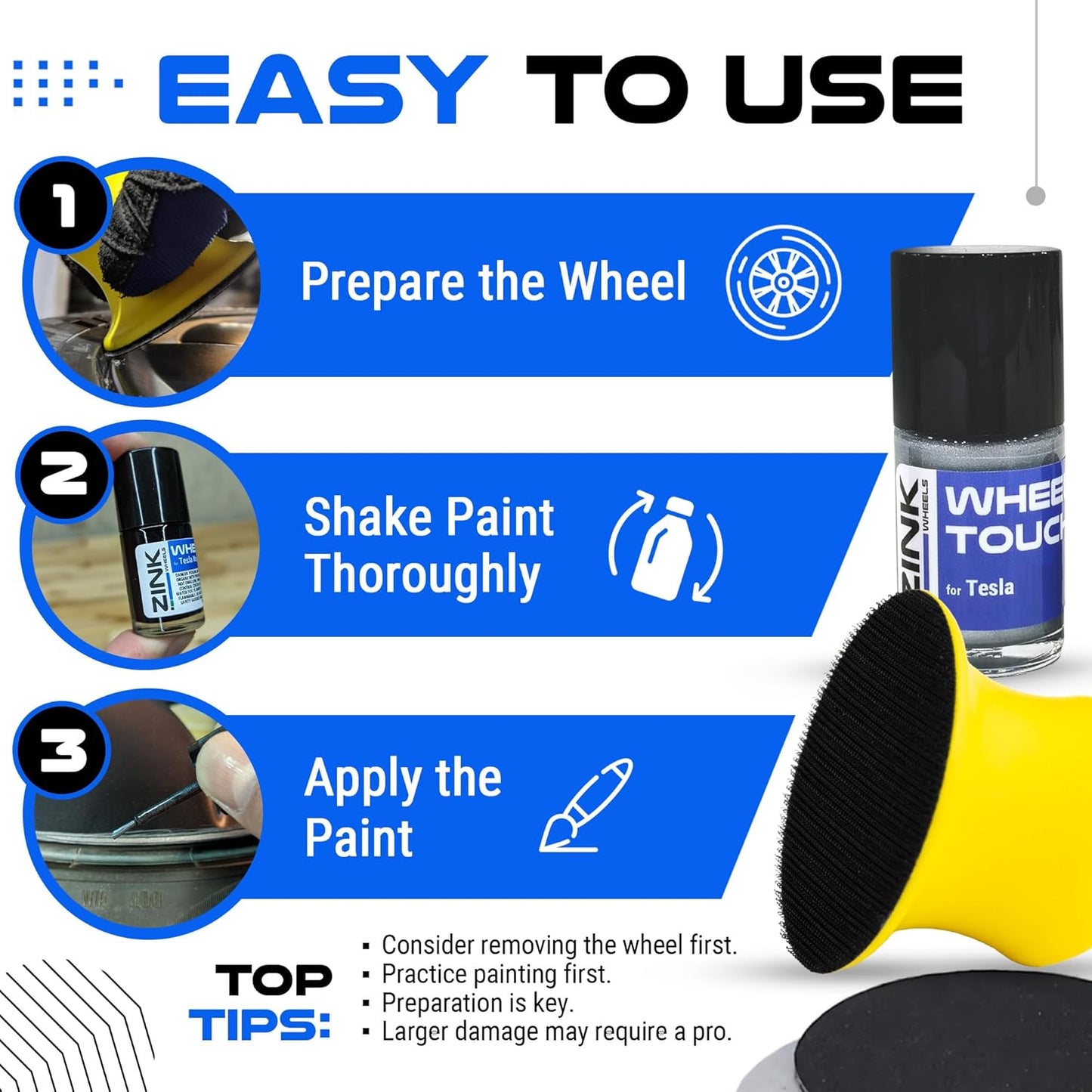 Premium Tesla Wheel Curb Rash Repair Kit for Model 3 19-inch Silver Stiletto Sport Rims - DIY Kit with Color-matched Touch Up Paint - Made in USA