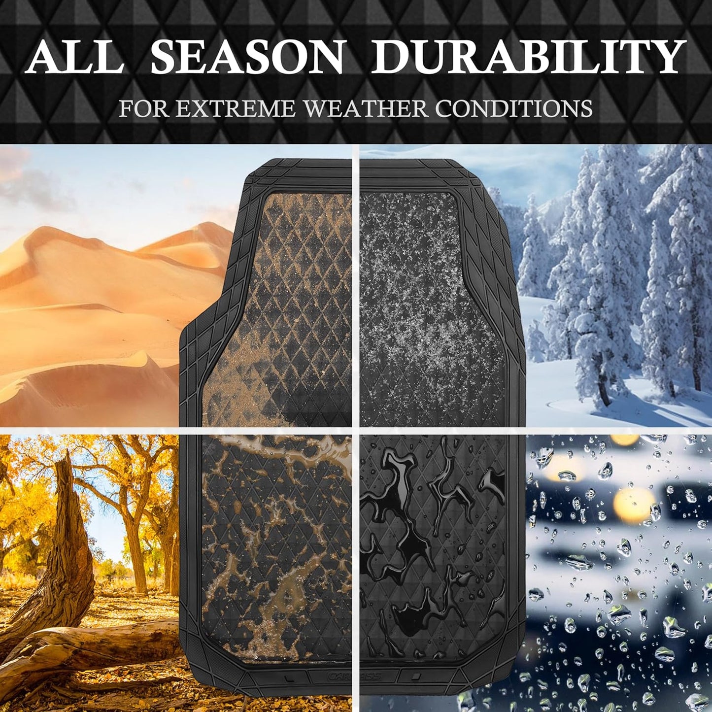 CAR PASS Black Rubber Car Mats, All-Weather Floor Mats Full Set Durable Anti-Slip 3D Rhombus Waterproof Automotive Pad Trim to Fit Liner Universal Fit for Sedan SUV Truck Van, 4 Pcs All Black Rubber