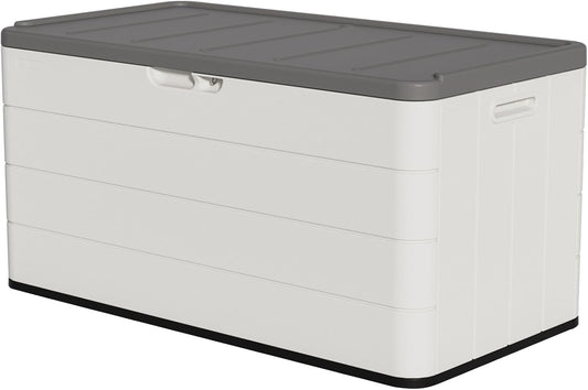 100 Gallon Plus Resin Deck Box, Waterproof Outdoor Storage Bin for Patio Furniture, Pool Accessories, and Garden Tools, Lockable & UV-Resistant, White