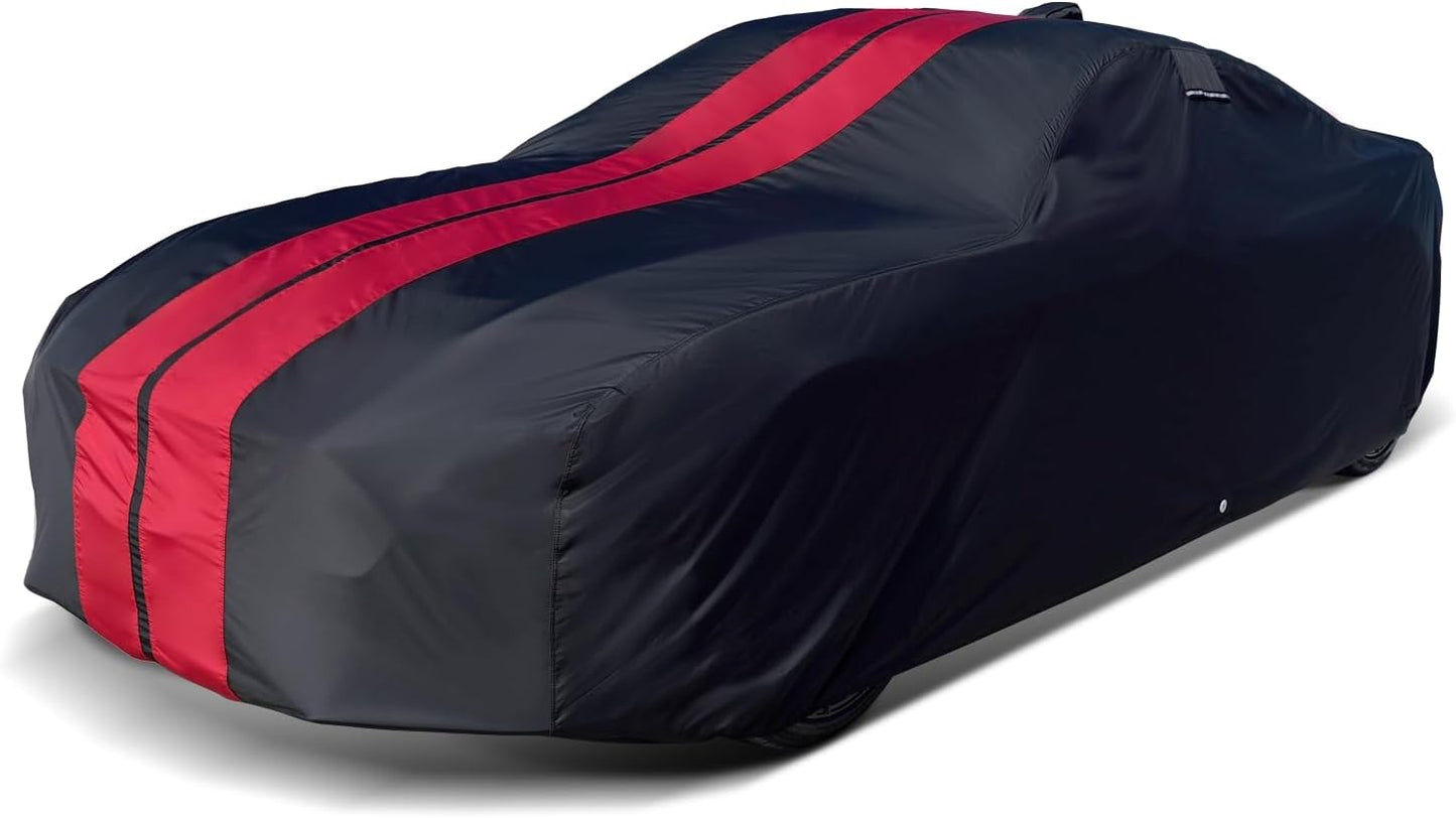 iCarCover Custom Car Cover for Pontiac Bonneville (1959-1970) Waterproof All-Weather Rain Snow UV Sun Protector Full Exterior Indoor Outdoor Car Cover (Stripe - Black/Red)