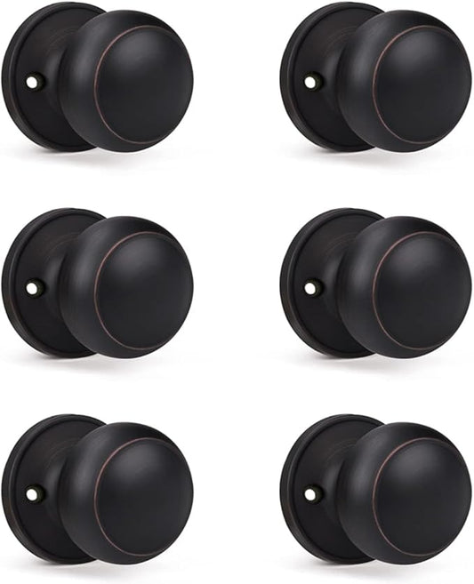 KNOBWELL 6 Pack Bronze Dummy Door Knob, Single Sided Handle for Closets, French Double Doors, and Pantry, Oil Rubbed Bronze One Side Non-Turning Interior Push/Pull Door Knob