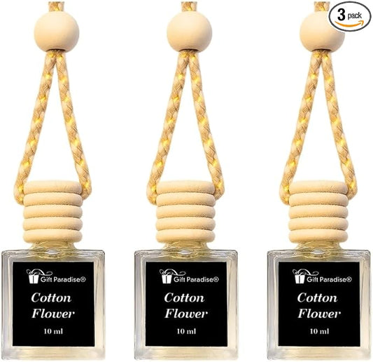 Gift Paradise® Clean Linen, cotton flower Car Air Freshener Set of 3 (10 ml Each) Fresh Cotton & Laundry Scent Diffuser with Wooden Cap, Long-Lasting Hanging Air Freshener for Car, Closet & Office
