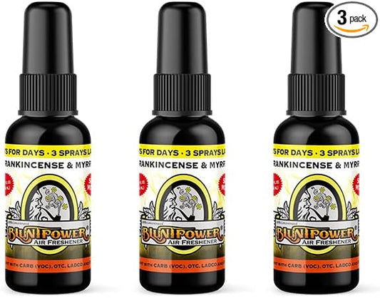 BluntPower (Frankincense and Myrrh, 3 Pack) Concentrated Air Freshener - Premium Oil Based Air Freshener Spray For Home and Car - Long-Lasting Bathroom Spray, Car Freshener, & Odor Eliminator Spray