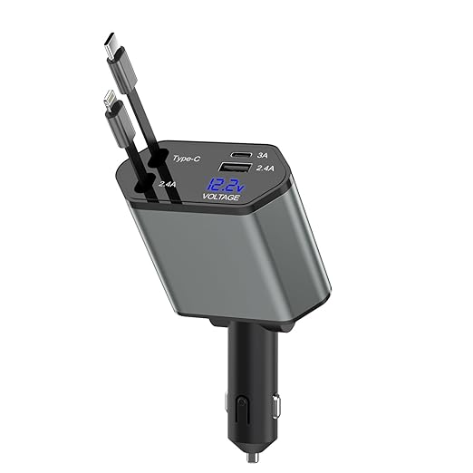 Retractable Car Charger,66W 4 in 1 iPhone 16 15 Car Charger Adapter with 2 Retractable iPhone ChargerCables(USB C & Lightning),2 USB Ports(USB C & USB A) for iPhone 16 15 14 13 12 11,iPad Pro Air Mini