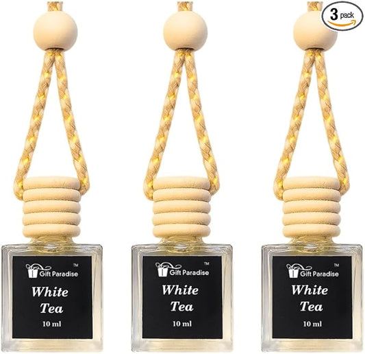 Gift Paradise® White Tea Luxury Spa Car Air Freshener Set of 3 (10ml Each) – Clean Fresh Hanging Diffuser with Wooden Cap, Long Lasting Car Perfume, Gift for Women & Men