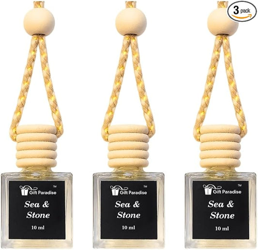 Sea & Stone Car Air Freshener Set of 3 (10 ml Each) | Hanging Diffuser with Velvet Gift Bag | Fresh Ocean Breeze & Earthy Mineral Aroma by Gift Paradise – Premium Fragrance for Car, Home & Office