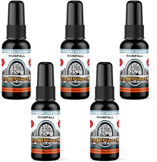 BluntPower (Rainfall, 5 Pack) Concentrated Odor Eliminator and Diffuser Oil - Room Deodorizer, Odor Eliminator, and Smoke Eliminator Spray - Premium Oil Based Air Freshener & Odor Eliminator Spray