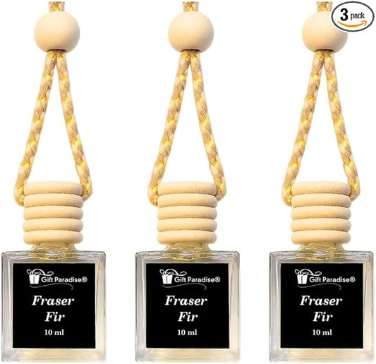Fraser Fir – Gift Paradise® Hanging Car Freshener Set of 3 (10 ml Each), Wooden Cap Diffuser, Long-Lasting Pine & Evergreen Scent for Car, Closet & Office