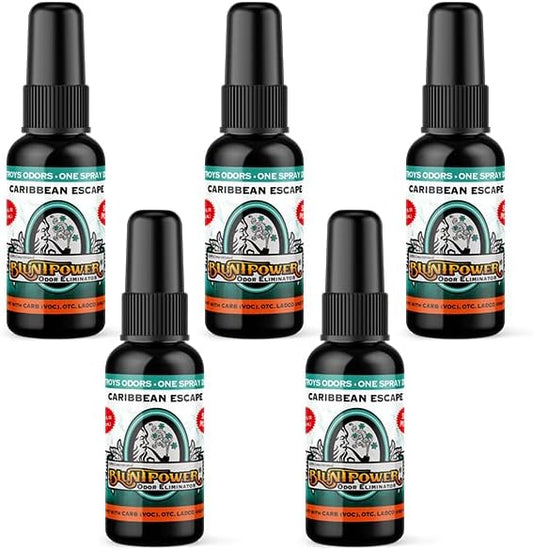 BluntPower (Caribbean Escape, 5 Pack) Concentrated Odor Eliminator and Diffuser Oil - Room Deodorizer, Odor Eliminator, and Smoke Eliminator Spray - Premium Oil Based Air Freshener & Odor Eliminator Spray