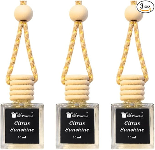 Gift Paradise® Citrus Sunshine Car Air Freshener Set of 3 (10 ml Each) – Hanging Diffuser Bottles with Wooden Cap, Fresh Lemon Orange Citrus Scent for Car, Home & Office, Long-Lasting Summer Fragrance