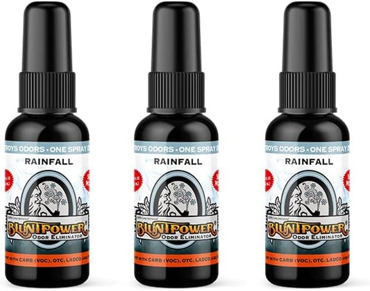 BluntPower (Rainfall, 3 Pack) Concentrated Odor Eliminator and Diffuser Oil - Room Deodorizer, Odor Eliminator, and Smoke Eliminator Spray - Premium Oil Based Air Freshener & Odor Eliminator Spray