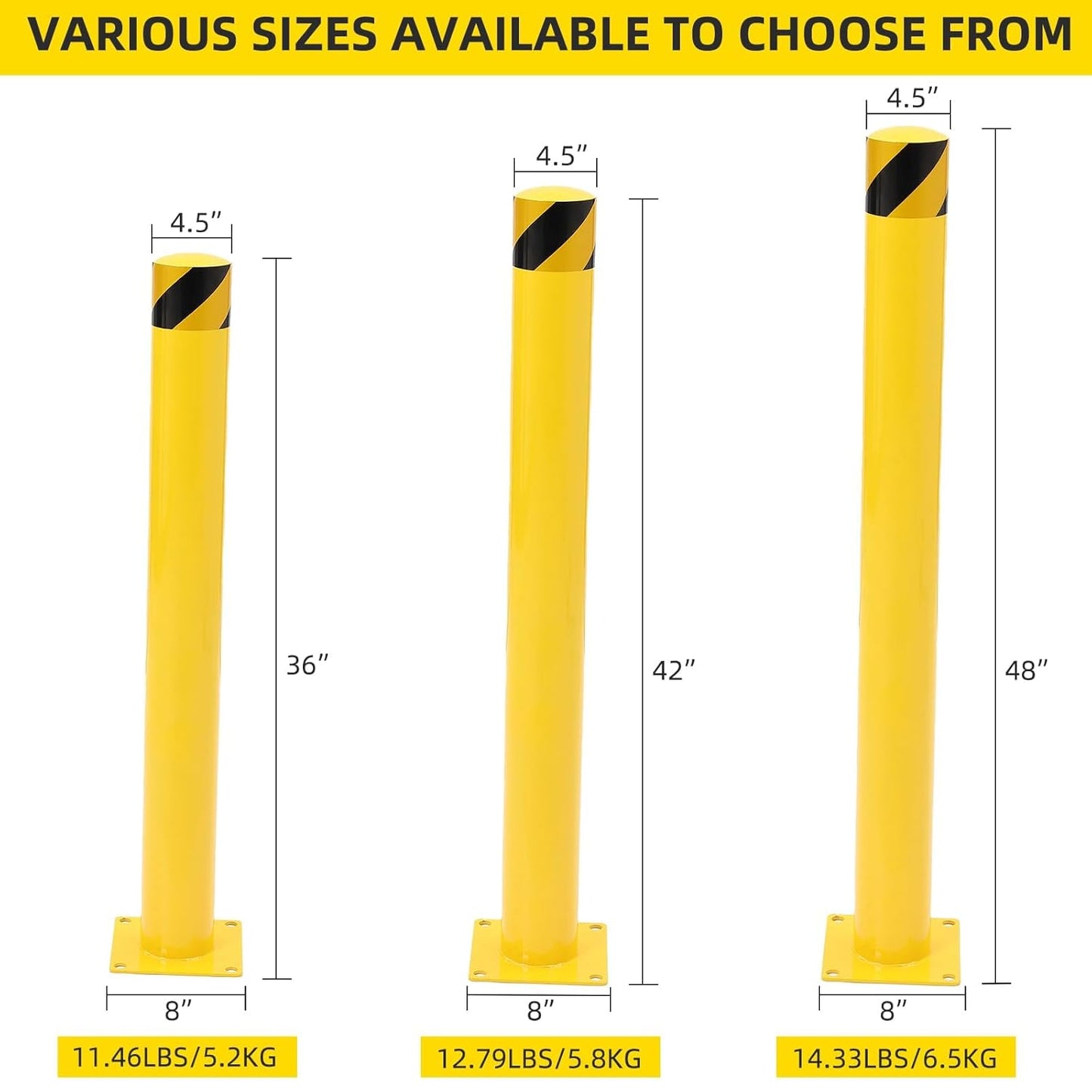 4-Pack Heavy Duty Safety Bollards, 48" Height, 4.5" Diameter Steel Pipe Bollard Post with 16 Anchor Bolts, High-Visibility Yellow Parking Bollard for Traffic Control, Warehouses, & Pedestrian Safety