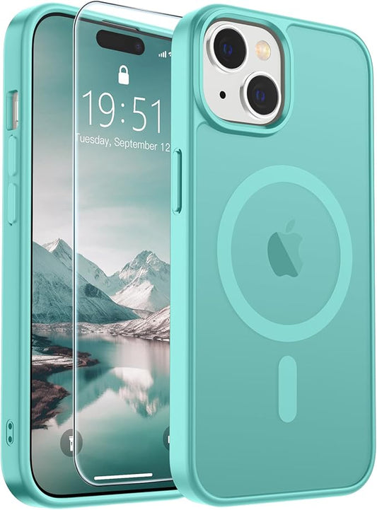 SUPFINE Magnetic for iPhone 15 Case (Compatible with MagSafe) (Military Grade Drop Protection) Slim Translucent Matte Shockproof with Anti-Fingerprint Phone Case, Blue Green
