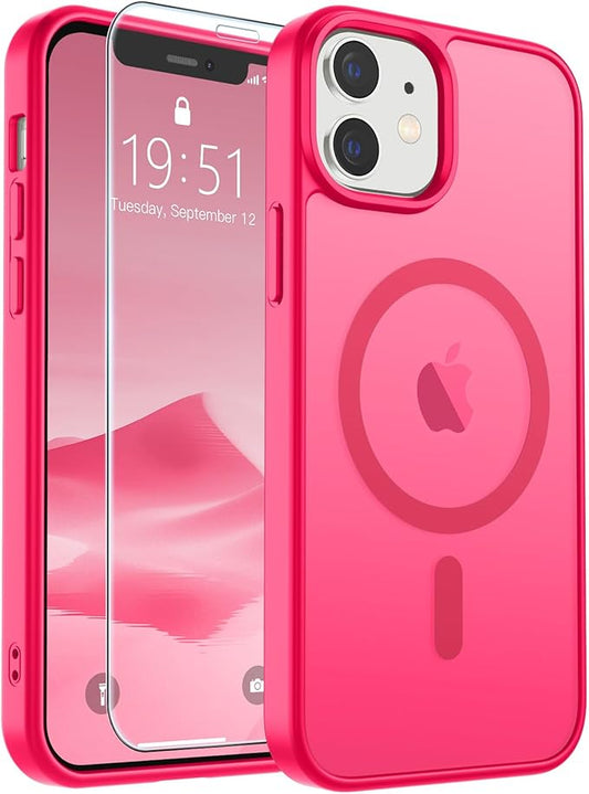 SUPFINE Magnetic for iPhone 12 Mini Case & iPhone 13 Mini Case (Compatible with MagSafe) (Military Grade Drop Protection) Slim Translucent Matte Shockproof Phone Cover,Hot Pink