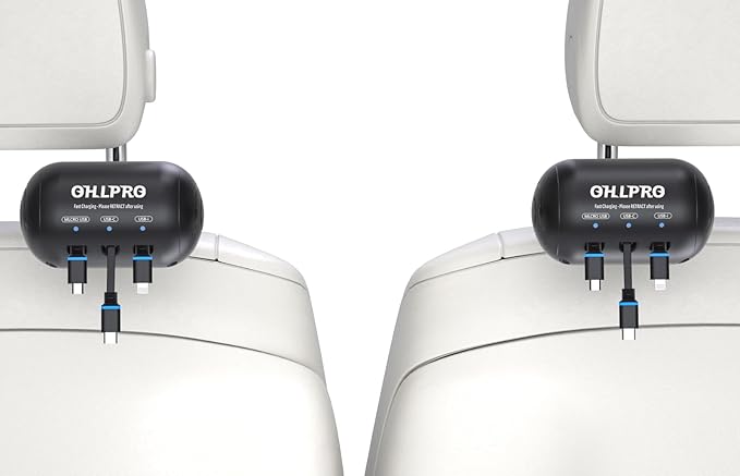 OHLPRO Retractable Backseat Car Charger [2 Pack], 3-in-1 Multi Car Charging Station with USB-C/USB-i/Micro-USB, 15W Fast Charging for iPhone, Samsung, Android, Headrest Mount for Uber Taxi Rideshare