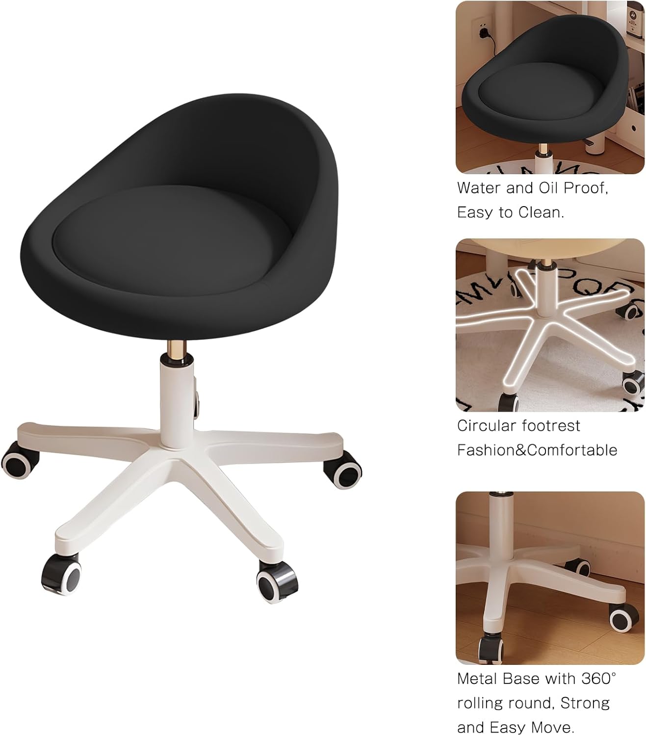 Rolling Stool Rolling Hydraulic Salon Stool with Low Backrest - Adjustable Swivel Chair for SPA, Shop, Salon, Massage, or Medical Office Black-A