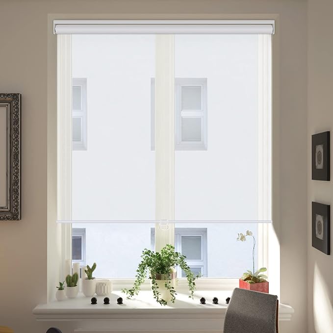 LUCKUP Light Filtering Roller Shades for Windows, Cordless Semi Sheer Solar Blinds with 5% Openness Free-Stop Window Shades for Home & Office, White 33" W x 72" L