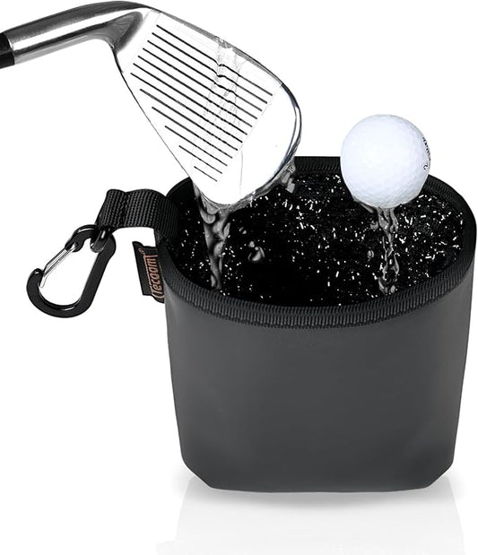 Teccom Golf Club and Ball Cleaning Bag, Golf Cleaner Pouch with Three-Layer Waterproof Fabric Technology, Microfiber Layer, Neoprene, PU Leather Exterior, Detachable Clip, Golfer Gift