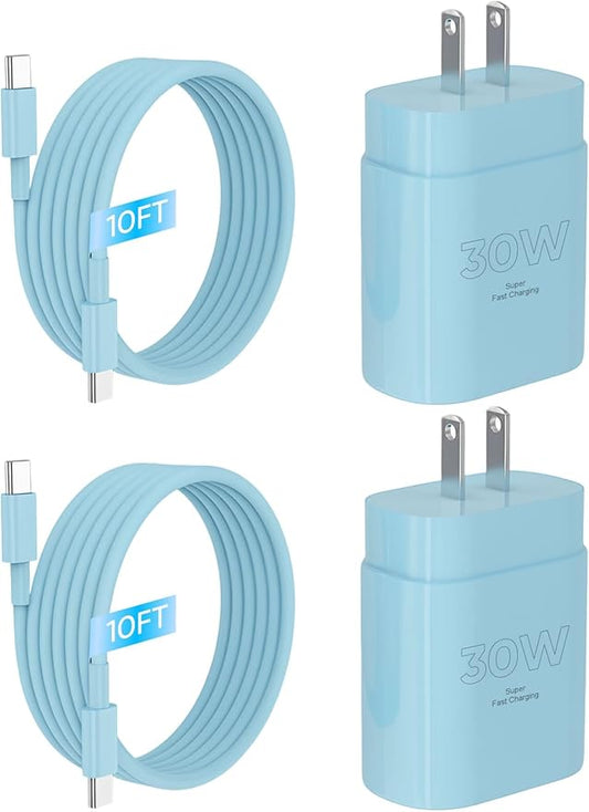 iPhone 16 15 Charger Fast Charging, 30W USB C Charger Block 10FT Cable for iPhone 15 16 Plus Pro Max/iPad Pro/AirPods, PD USBC Power Adapter Wall Plug with Extra Long Type C to C Cord (Blue, 10FT)