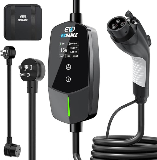 EVDANCE Level 1 & 2 EV Charger, 16A 110-240V Portable Electric Car Charger with 25ft Cable, Adjustable Current, Delayed Start, LED Screen, Universal EV Charger Compatible with All J1772 EVs