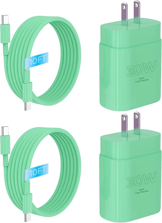 iPhone 16 15 Charger Fast Charging, 30W USB C Charger Block 10FT Cable for iPhone 15 16 Plus Pro Max/iPad Pro/AirPods, PD USBC Power Adapter Wall Plug with Extra Long Type C to C Cord (Green, 10FT)