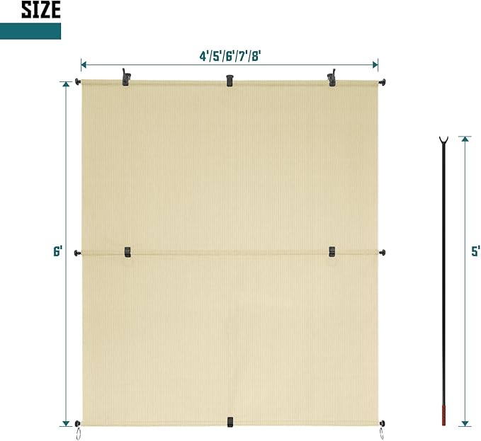 Bynbbur 4'W x 5.5'H Outdoor Patio Shades Foldable Roller Blinds, 220 GSM Sun Shade Roll Up Porch Screens Exterior Shade Cloth for Deck Pergola Backyard, Beige