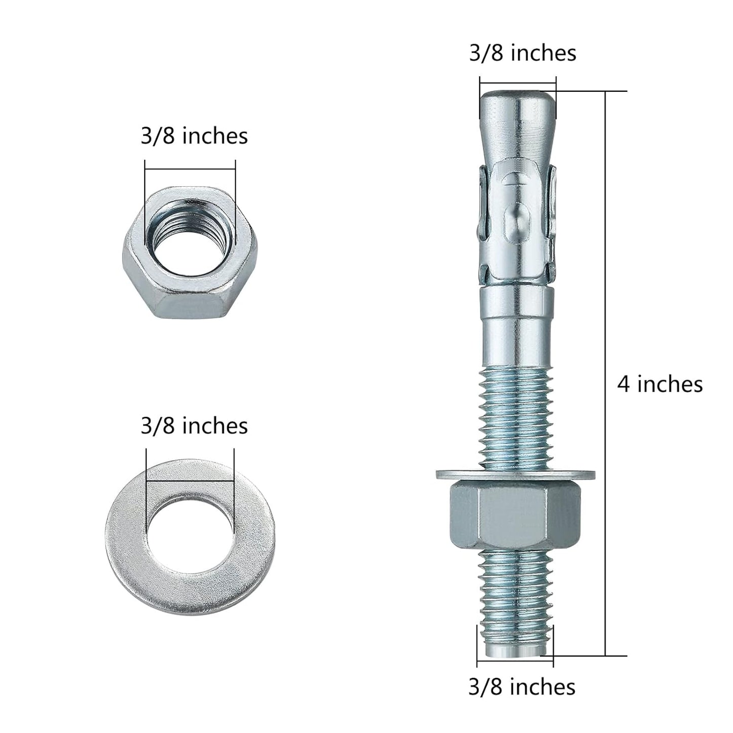 3/8x4" 100Pcs Inch Standard Fasteners for Heavy-Duty Zinc Wedge Anchors for Cement and Concrete