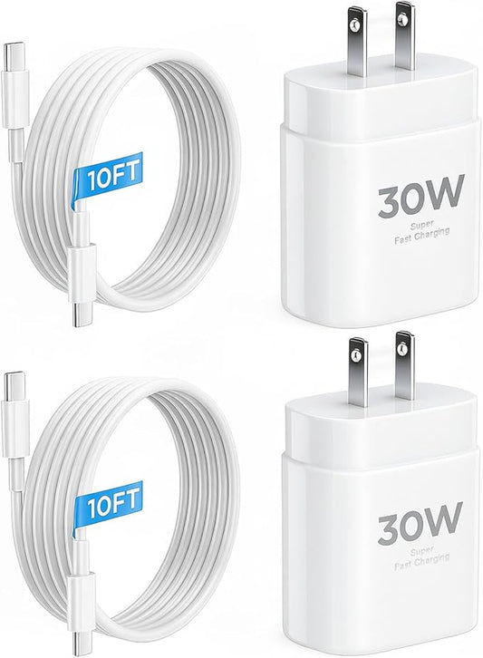 iPhone 17 16 15 Charger Fast Charging 10FT Cable, 30W USB C Charger Block for i Phone 15 16 16e 17 Air Plus Pro Max/iPad Pro/AirPods, PD USBC Power Adapter Wall Plug & Type C to C Cord, 2 Pack