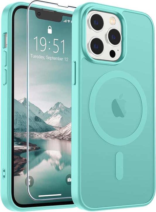 SUPFINE Magnetic for iPhone 13 Pro Case (Compatible with MagSafe) (Military Grade Drop Protection) Slim Translucent Matte Shockproof Phone Cover,Blue Green