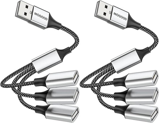MOGOOD USB Type A Splitter 2Pack 1 Male to 3 Female USB2.0 Adapter USB Extension Cord for Charging/Data Transfer/Laptop/Mac