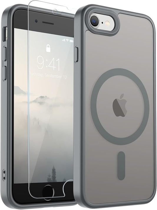 SUPFINE Magnetic for iPhone SE Case 2022 (3rd)/2020 (2nd), iPhone 8 Case with Screen Protector (Compatible with MagSafe) (Military Grade Drop Protection) Translucent Matte Phone Case,Gray
