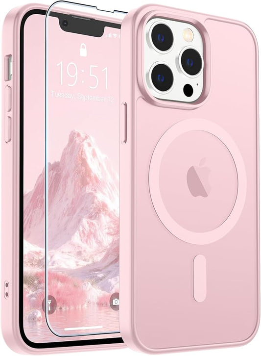 SUPFINE Magnetic for iPhone 13 Pro Max Case with Screen Protector (Compatible with MagSafe) (Military Grade Drop Protection) Translucent Matte Shockproof Phone Cover,Light Pink