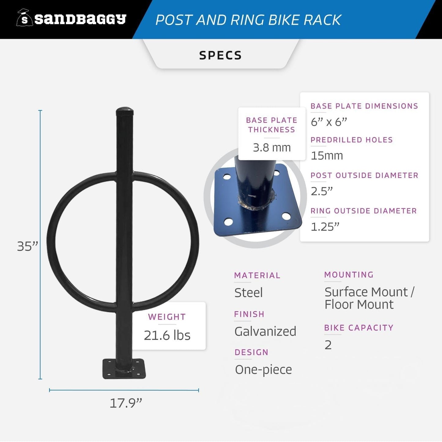 Sandbaggy Post and Ring Bike Rack - Commercial Bike Racks - Galvanized Steel - Anti-Theft Design - In Ground, Apartments, Sidewalks, Industrial (Green, 1)