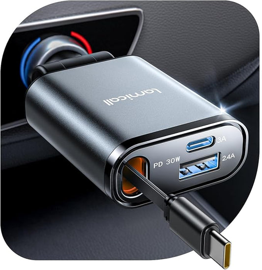 Lamicall Car Charger USB C Compatible with iPhone 17 16 15 Fast Charging [Ultra-Compact, 60% Less Space] 57w Type C Retractable Car Charger Fit Samsung Galaxy S25 S24 Ultra Pixel Android