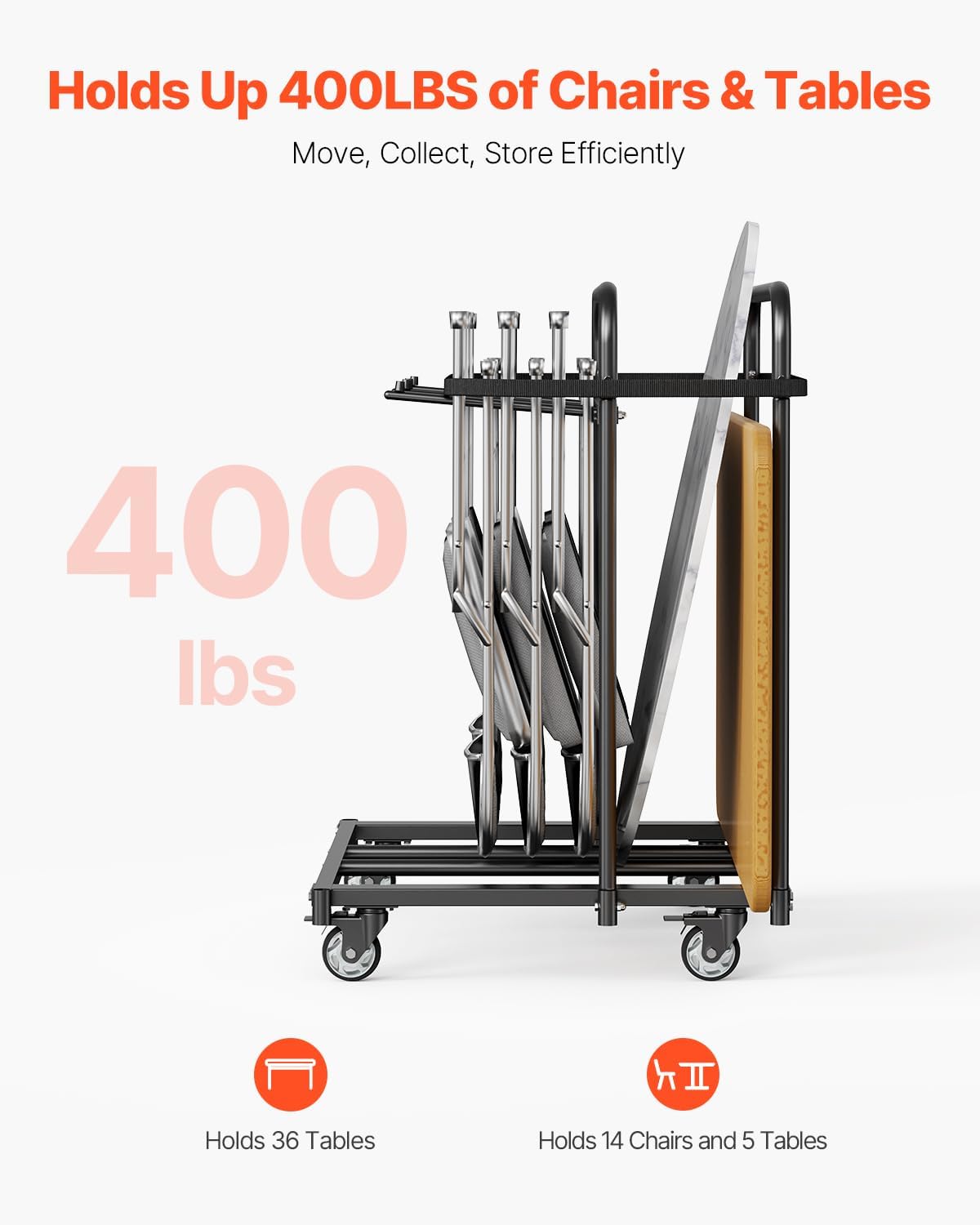 VEVOR Folding Chair Rack, 400 LBS Capacity, Heavy-Duty Chair Cart for 5 Tables+14 Chairs, Chair Storage Dolly Chair Holder w/Swivel Casters and Locking Wheels,for Party Event,Hotel, Matte Black