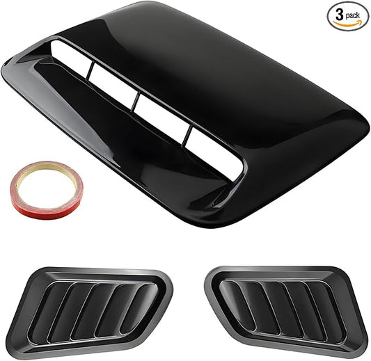 Universal Car Hood Scoop Cover with Side Air Vents, Black, Decorative Hood Air Flow Intake, 3-Piece Set with Mounting Tape (Shiny black)