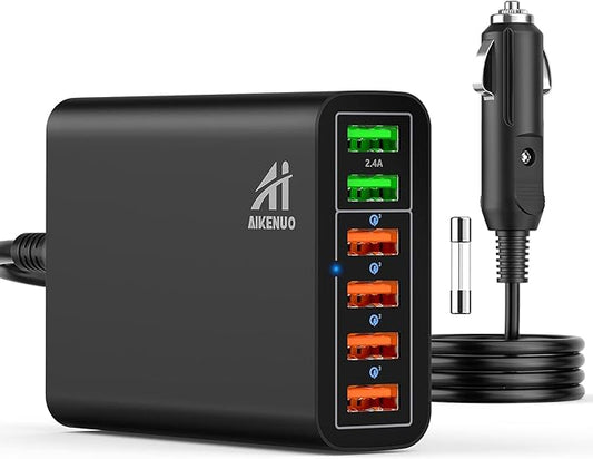 Multi Ports USB Car Charger, 96W 6 Port QC3.0 Fast Adapter Multiple Ports, with Four Quick Charge 3.0 Port, 12V-24V Multi Device Cigarette Lighter for Smart Phone & Tablets Charging