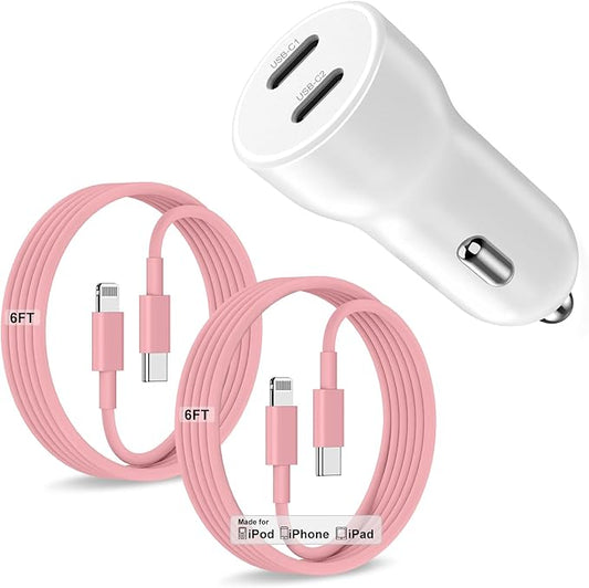 iPhone 14 13 Car Charger, Certified 45W Dual Port USB C Rapid Apple Car Adapter with 6ft Type C to Lightning Cable Fast Charging for iPhone 14 Pro/14 Pro Max/14 Plus/13/12/11/X/XS/SE,iPad-Pink