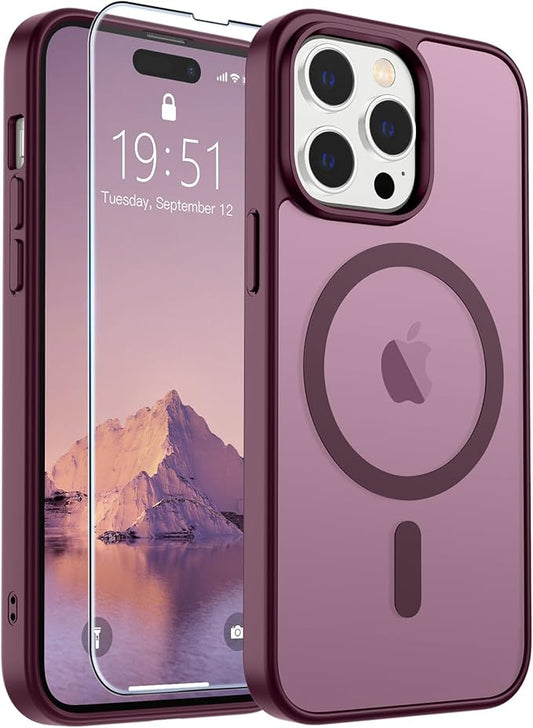 SUPFINE Magnetic for iPhone 14 Pro Max Case with Screen Protector (Compatible with MagSafe) (Military Grade Drop Protection) Translucent Matte Shockproof with Anti-Fingerprint Phone Case,Wine Red