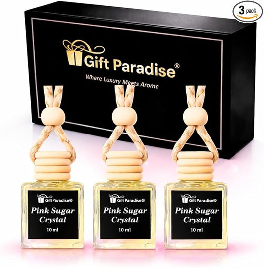 Pink Sugar Crystal Car Air Freshener Set of 3 with Magnetic Gift Box, 10 ml Hanging Diffuser Bottles with Wooden Cap, Sweet Vanilla Cotton Candy Scent for Car, Home & Closet