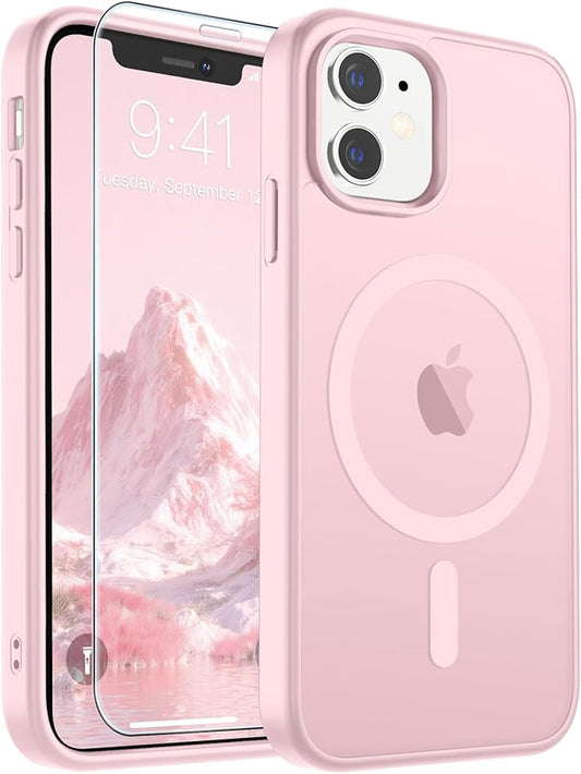 SUPFINE Magnetic for iPhone 11 Phone Case with Screen Protector (Compatible with MagSafe) (Military Grade Drop Protection) Translucent Matte Shockproof Phone Cover,Light Pink