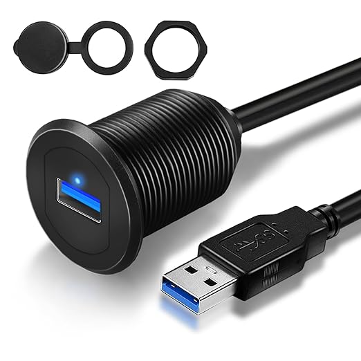 Single Port USB 3.0 Car Mount Flush Cable, USB3.0 Male to Female Car Mount Extension Cable for Boat Dashboard Panel 1ft