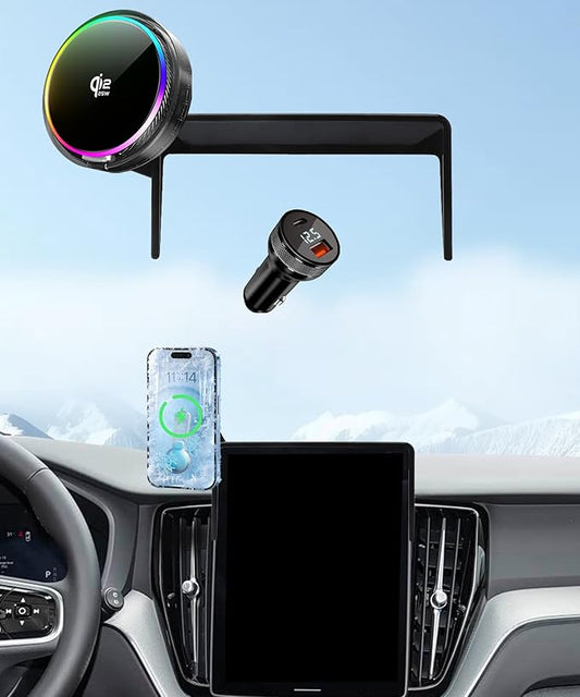 Qi2.2 25W Magnetic Car Mount Charger for 2026 Volvo XC60 Plug-in Hybrid / 2025 2026 Volvo XC90 Hybrid Accessories, for Cell Phone Holder 11.2 Inch Screen Fixed Clip with Cooling Fan