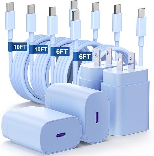 Essri Type C Charger Fast Charging for Samsung Galaxy S25/S24/S23/S22/Note 20,4Pack 25W Super USB C Fast Charger Block with (6ft+10ft) x2 Cables for iPhone 15/16 Pro Max/Plus, Android Phones-Blue