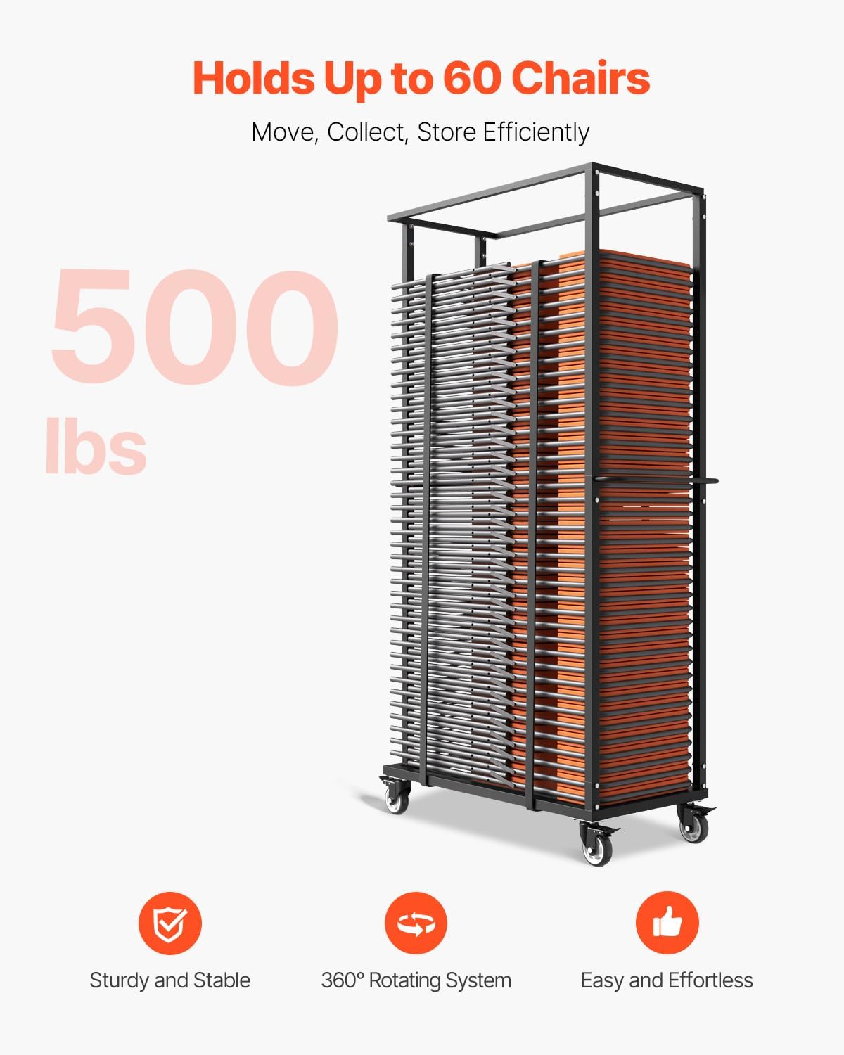 VEVOR Folding Chair Rack, 500 LBS Capacity, Heavy-Duty Chair Cart for 60 Chairs, Metal Chair Storage Dolly Chair Holder with Swivel Casters and Locking Wheels, for Party Event,Hotel,Matte Black