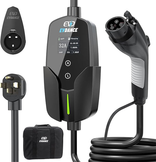 EVDANCE Level 2 EV Charger (32Amp, 240V, NEMA 14-50P), 7.68kW Fast Portable & Home Electric Car Charger with 25ft Cable, Adjustable Current/Delay Chargin for J1772 EVs