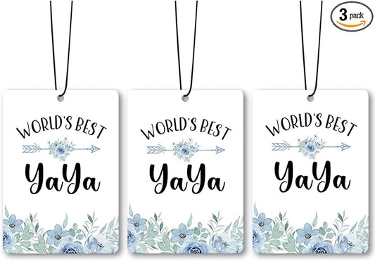 Yaya Grandma Gifts Car Air Freshener Accessories 3pcs, World's Best Gifts for Granmda Christmas, Blue Flower Rustic Hanging Scent Lavender Fragrance Card for Women Closet Bathroom Home Decor